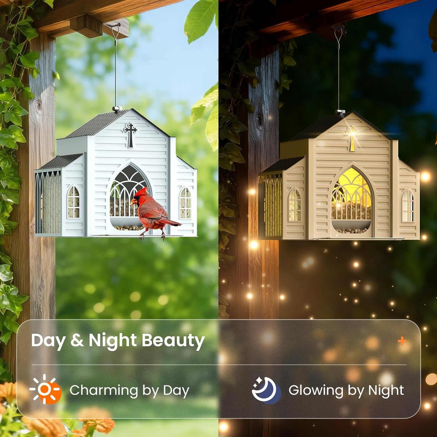 🔥Last day %49 off Church-Shaped Metal Bird Feeder with Solar Light – Hanging Outdoor Bird Feeder