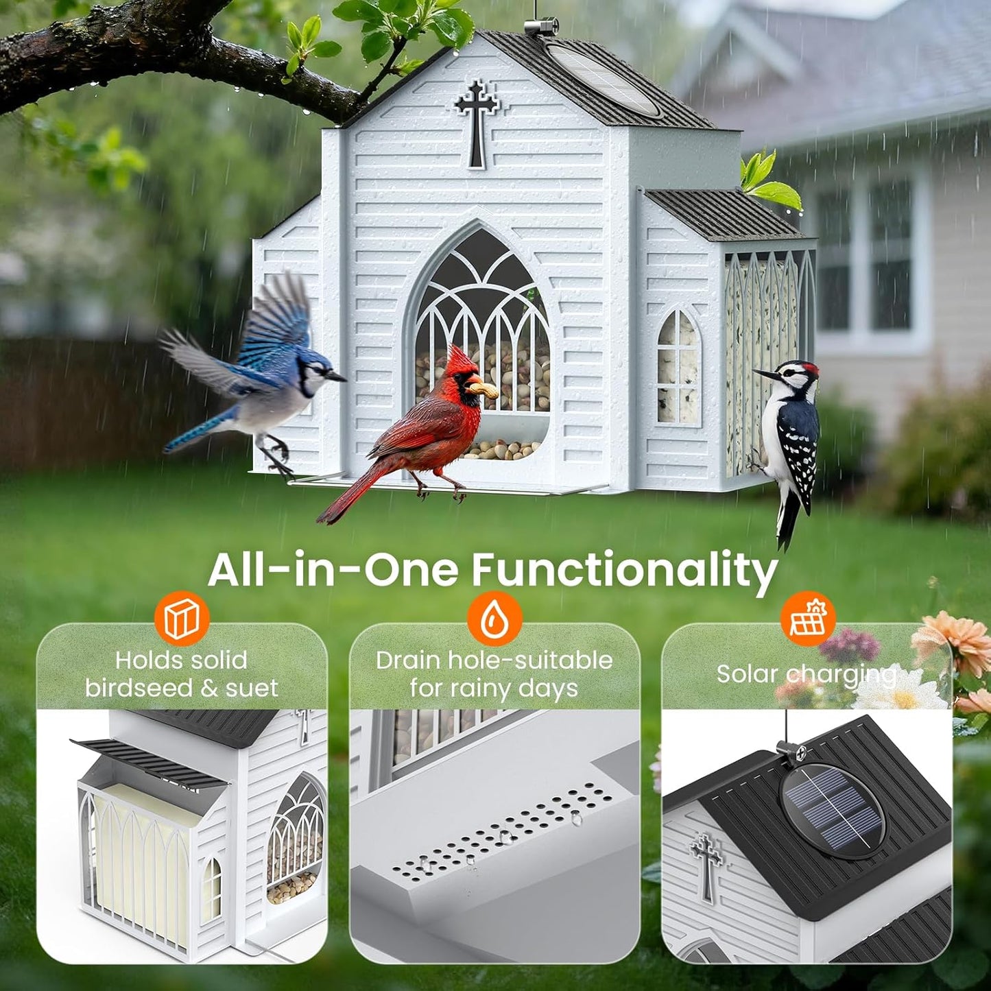 🔥Last day %49 off Church-Shaped Metal Bird Feeder with Solar Light – Hanging Outdoor Bird Feeder