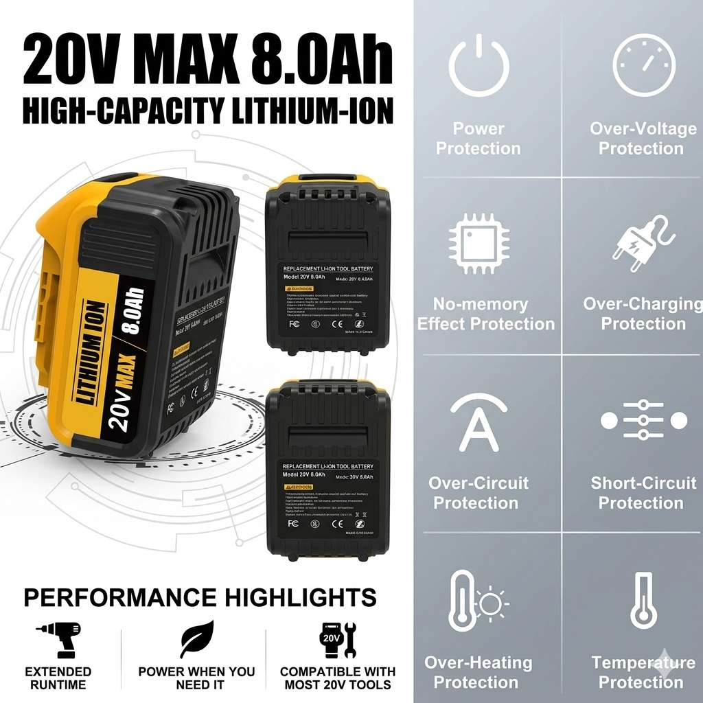 8.0Ah Lithium Battery Replacement for 20V Battery Lithium-ion MAX DCB200 DCD/DCF/DCG/DCS Series  batteries